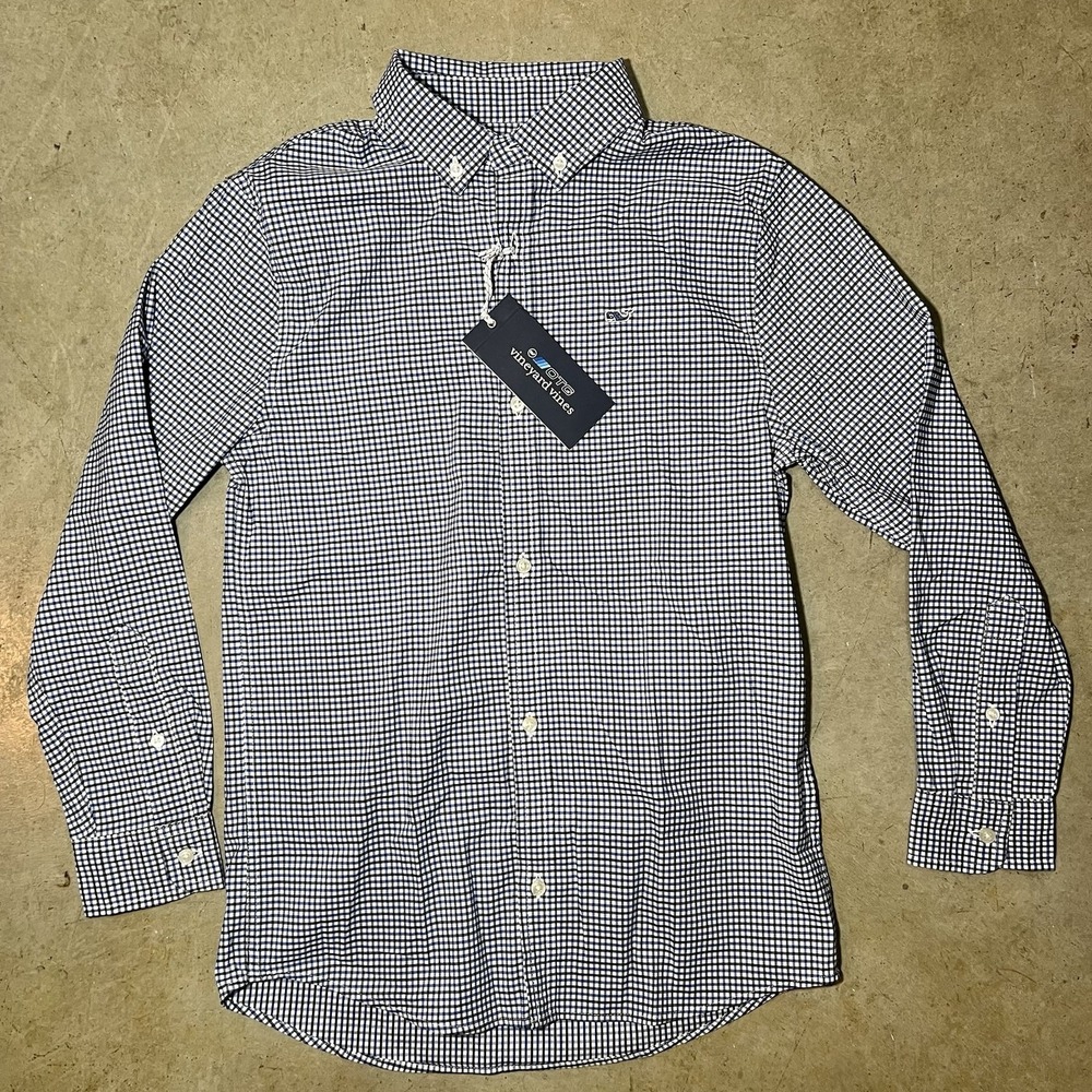Vineyard Vines Boys On The Go Performance Whale Shirt Gingham Blue S 8-10 NWT